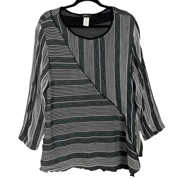 YUSHI Lagenlook Black White Tunic Top Stripe Textured Size Extra Large XL - Picture 1 of 6
